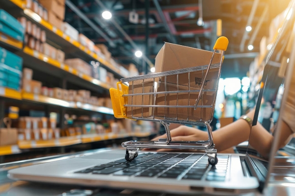 Person setting up an online store, uploading products on a laptop